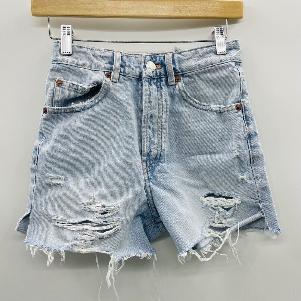 Zara Womens Size 2 Distressed High Waisted Mom Fit Denim Shorts Light Blue‎ 2295